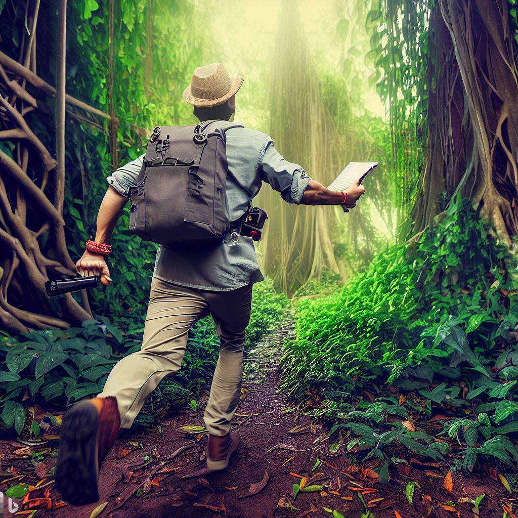Un arqueólogo corriendo a través de la selva llevando solamente una cámara y cuaderno. Estilo Dinámico y enérgico, pero débil y desorientado, con colores brillantes y movimientos exagerados.